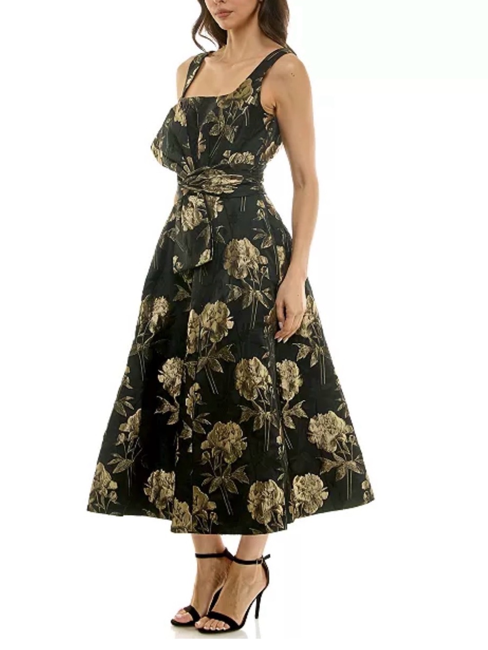 Taylor Black Midi Dress with Gold Floral Brocade